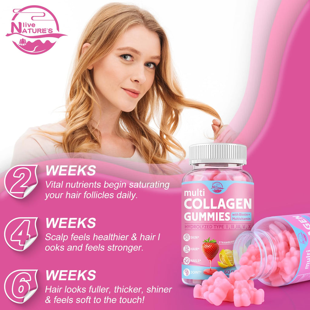 Nature's live Multi Collagen Peptides Gummies, Type I, II, III, V, X - Hydrolyzed Collagen Peptides with Biotin, Hyaluronic Acid, Supports Healthy Skin, Strong Nails & Thick Hair, 60 Count, 2 Pack