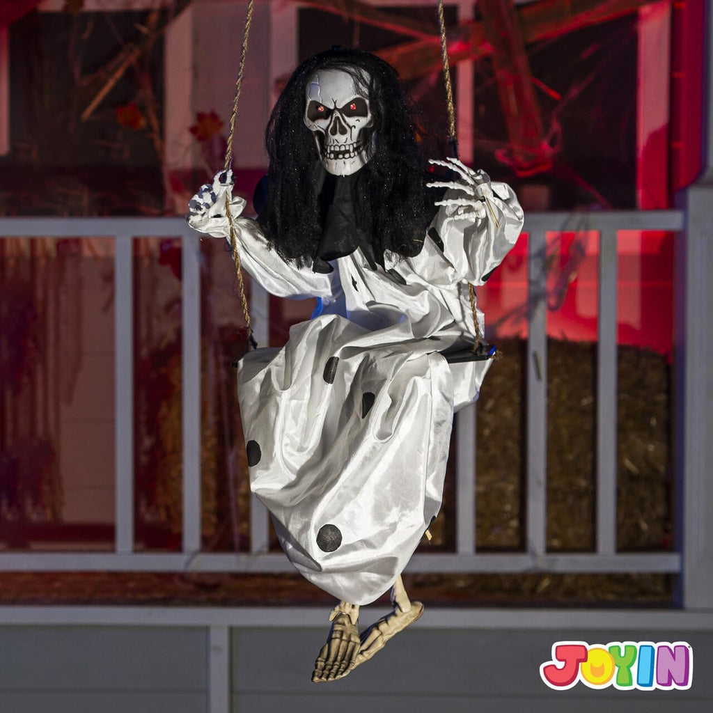 JOYIN 2 Pcs Halloween Hanging Swinging Ghosts Decorations Outdoor, Halloween Scary Decor with Lighted Up Eyes, Creepy Swinging Skeleton Flying Props for Yard Patio Lawn Garden