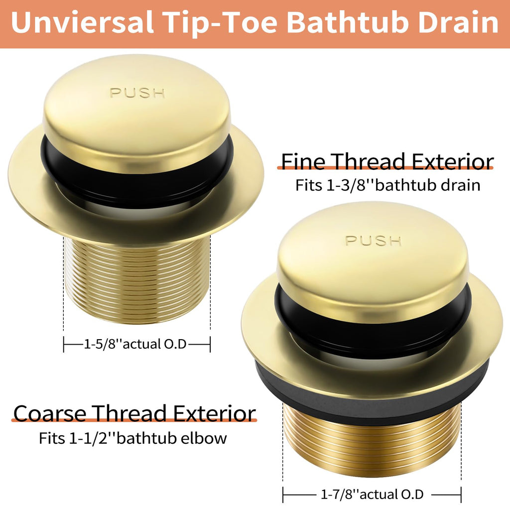 Gold Bathtub Drain Tip-Toe Tub Trim Set with Two-Hole Overflow Faceplate Bathroom Tub Drains Replacement Conversion Tub Drain Kit Assembly with Universal Fine & Coarse Thread