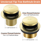 Gold Bathtub Drain Tip-Toe Tub Trim Set with Two-Hole Overflow Faceplate Bathroom Tub Drains Replacement Conversion Tub Drain Kit Assembly with Universal Fine & Coarse Thread