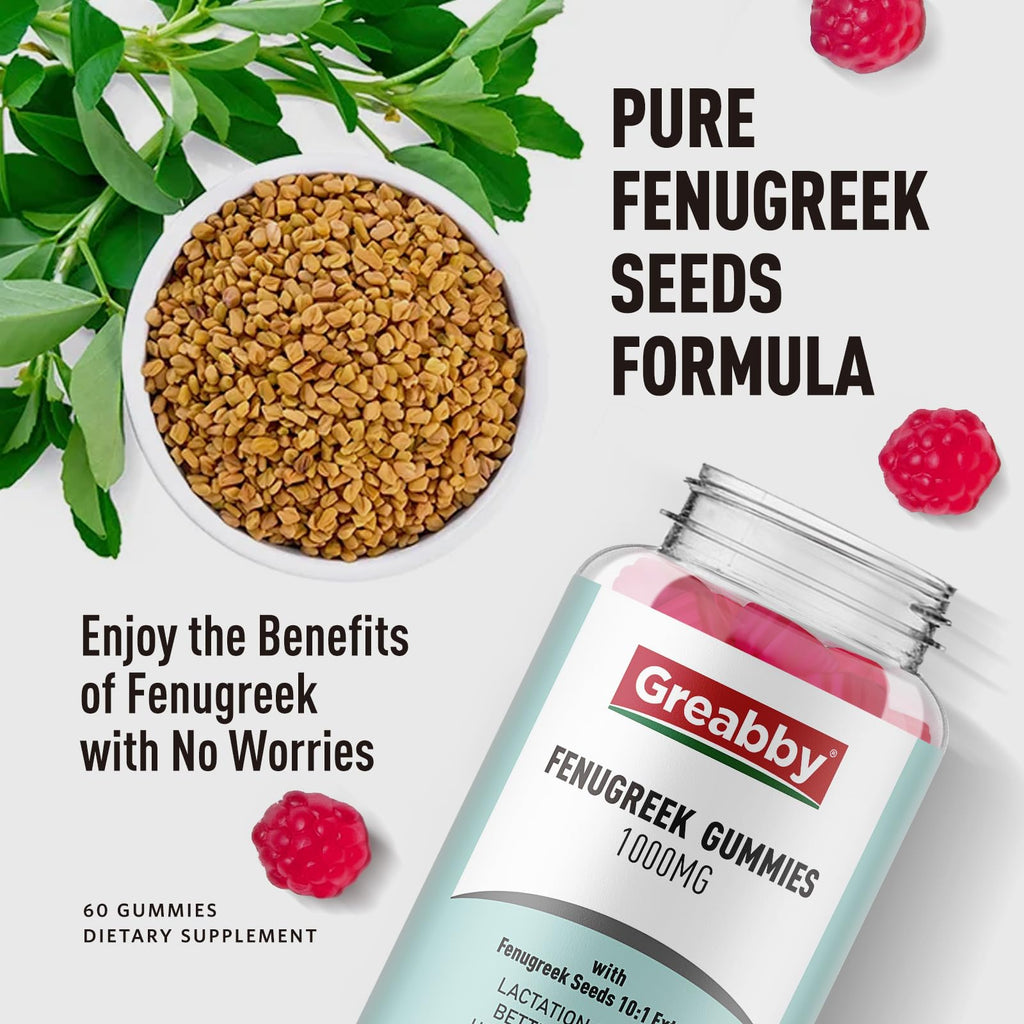 GREABBY Fenugreek Gummies 1000mg, Pure Organic Fenugreek Seeds Supplement for Breastfeeding, Healthy Lactation Support, Non-GMO (60 Vegan Gummies)