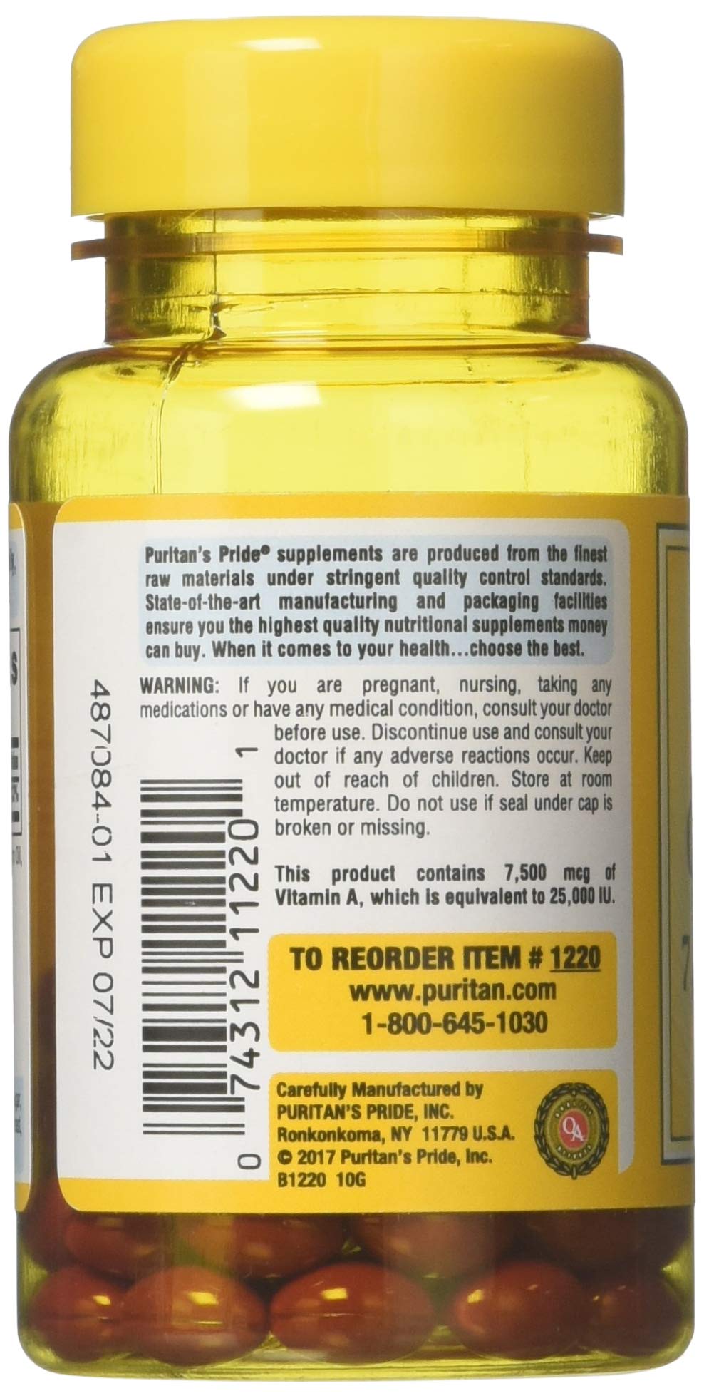 Puritan's Pride Beta Carotene Provitamin A 7,500mcg (25,000 IU), Vitamin Supplement for Immune System, Antioxidant and Eye Health Support, 100 Day Supply, 100 Rapid Release Softgels (Pack of 2)