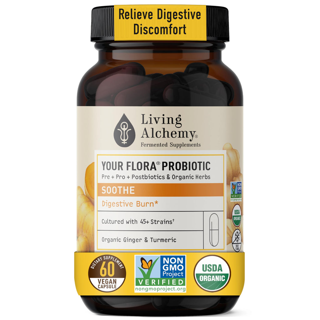 Your Flora Probiotic Soothe – Non-GMO Probiotics with Fermented Soybean, Ginger, & Turmeric for Gut Balance, Digestion, & Support – Prebiotics, Postbiotics, Digestive Enzymes – Living Alchemy, 60 Pcs