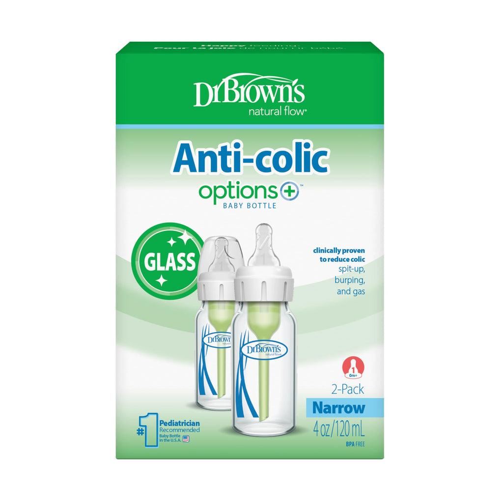 Dr. Brown's Anti-Colic Options+ Narrow Glass Baby Bottle, 4 oz/120 mL, with Level 1 Slow Flow Nipple, BPA-Free, 0m+, 2 Pack