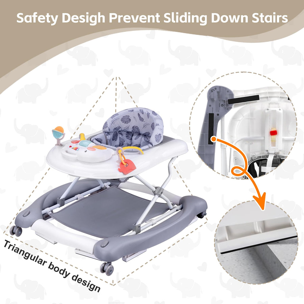 Foldable Baby 5-in-1 Activity Walker - Rocker, Activity Center, Bouncer, Seat, Push Walker - Adjustable Speed Rear Wheels and Height Toys Ages 6-18 Months (Grey)