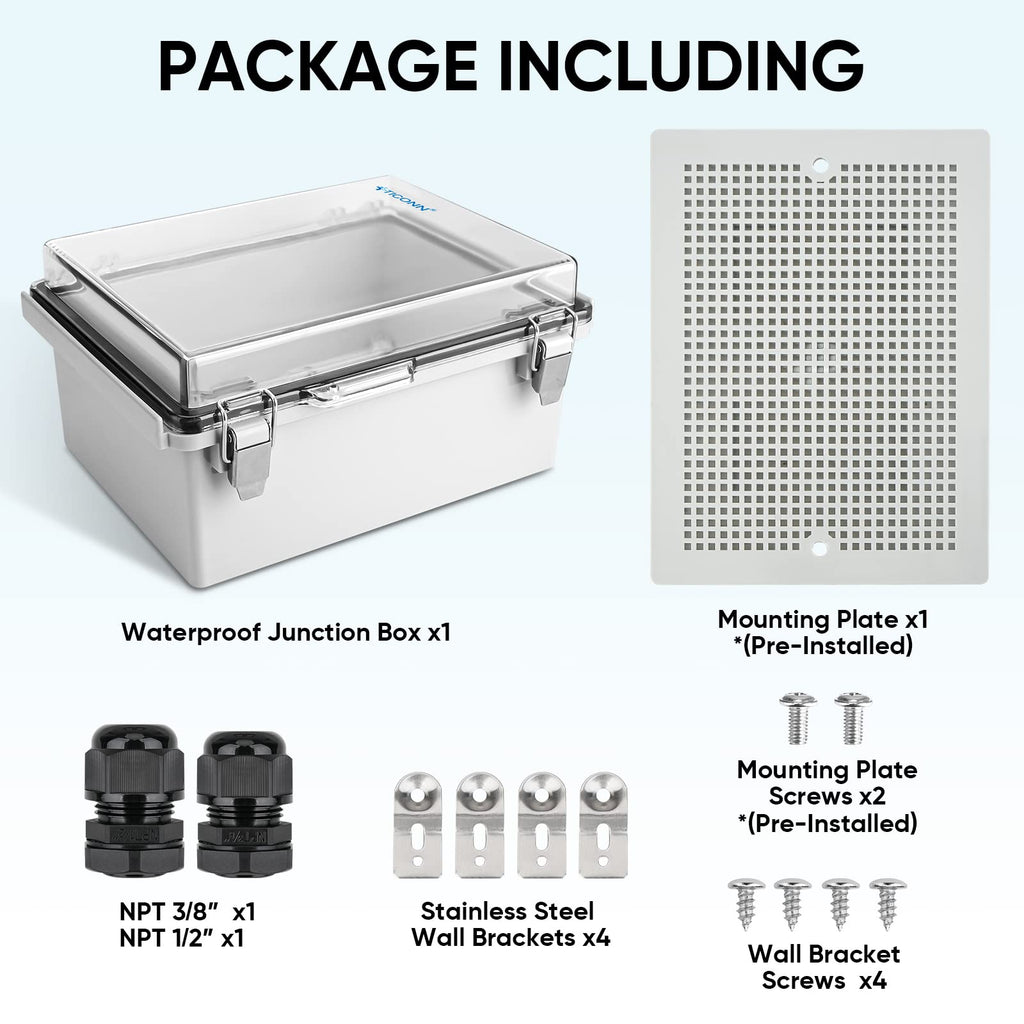 TICONN Outdoor Electrical Box Waterproof, Junction Box IP67 ABS Plastic Enclosure with Hinged Cover with Mounting Plate, Wall Brackets, Cable Glands (Clear, 8.7"x6.7"x4.3")