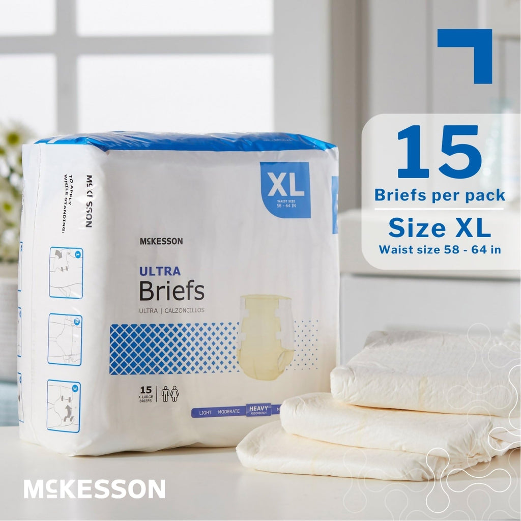 McKesson Ultra Briefs, [60 Count], XL, 58-64 in. Incontinence Adult Diapers with Tabs, Heavy Absorbency, Unisex, Disposable, Elastic Leg Gathers and Contoured Fit for Men and Women