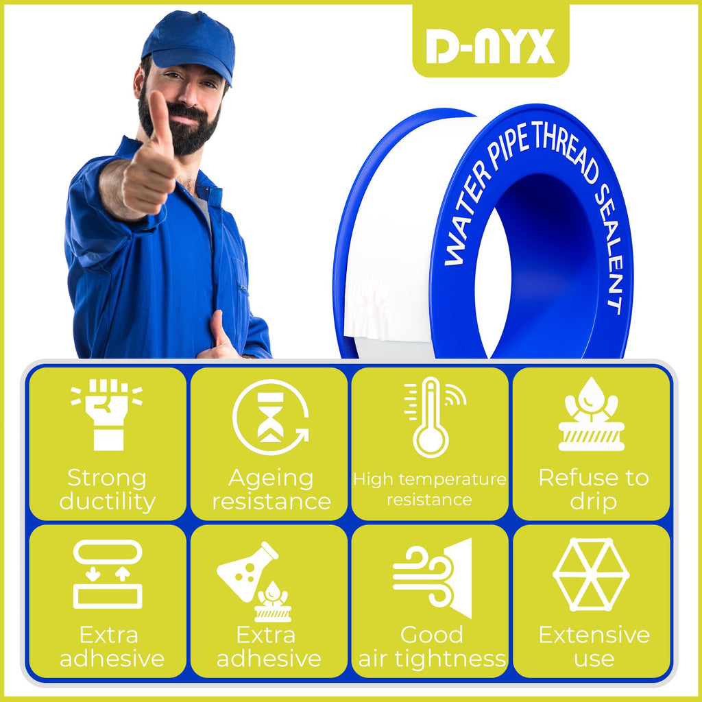D-NYX 10 Rolls Extra Long Teflon Tape 1/2 Inch(W) X 520 Inches(L) - Plumbers PTFE Tape – Thread Seal - Perfect for Shower Heads and Pipe - Home Plumbing Pipe Sealing - Sealant Tape