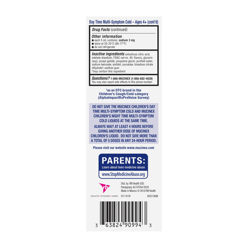 Mucinex Cold & Cough, Children's Multi-Symptom Day/Night Liquid, Very Berry, 8oz (2x4oz) Relieves Nasal & Chest Congestion, Thins & Loosens Mucus, Controls Cough, Reduces Fever, Soothes Sore Throat