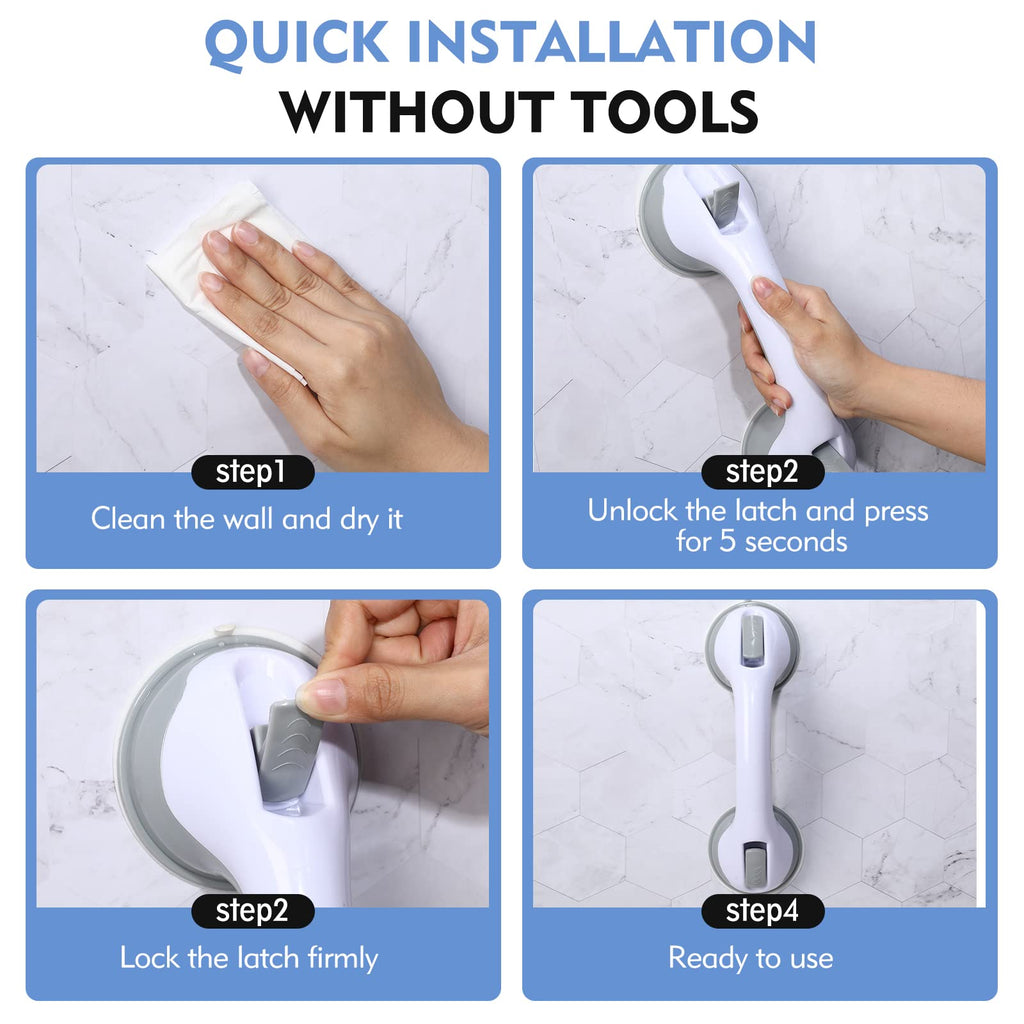 Grab Bars for Bathtubs and Showers, 12 Inch Shower Handle Strong Suction Cup Grab Bar for Shower Chair Stool, Bathroom Safety Bar for Seniors, Elderly, Handicap (2 Pack)