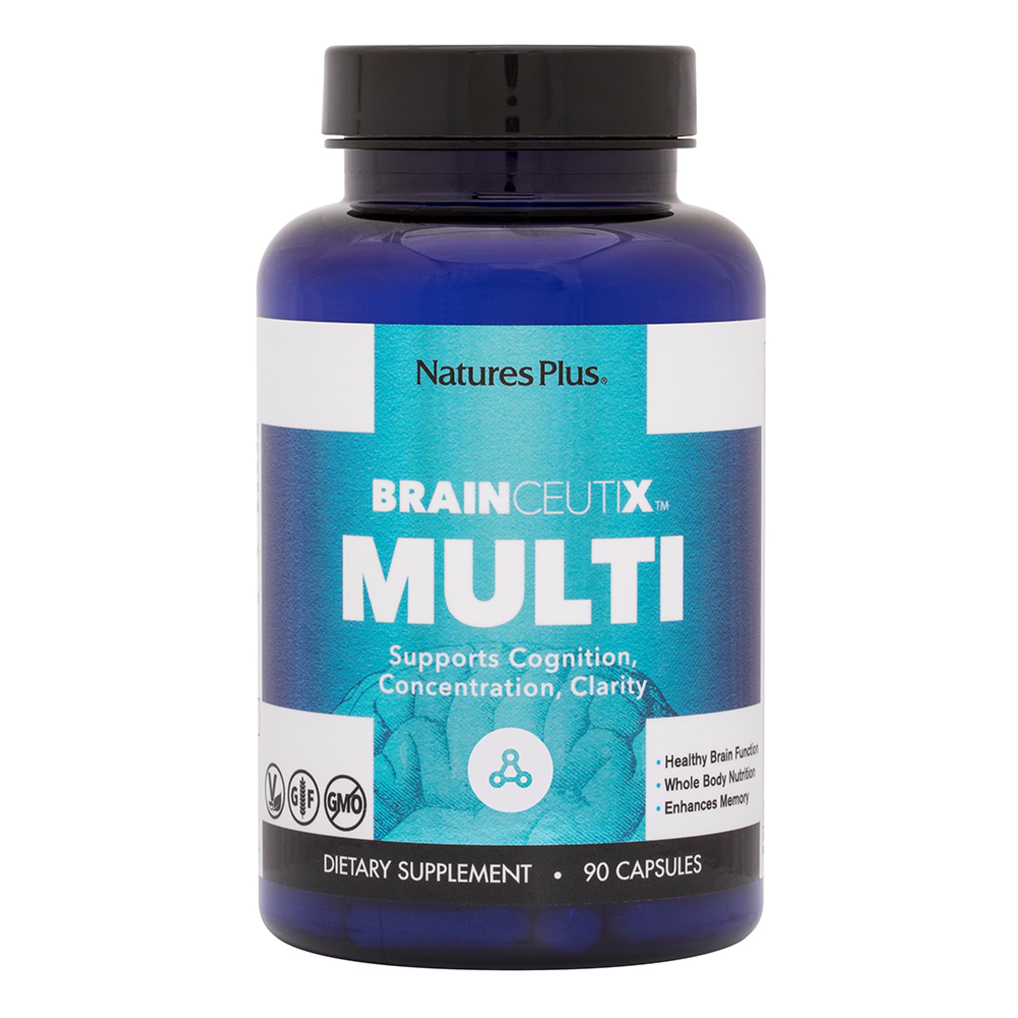 NaturesPlus BrainCeutix Multivitamin Capsules - 90 Capsules - Supports Cognition, Concentration & Clarity - Enhances Memory - Vegan, Gluten Free, Non-GMO - 30 Servings
