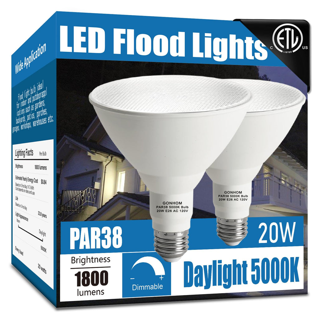 Gonhom Par38 led Flood Lights Outdoor Light Bulb,Dimmable 1800LM,20W Replace up to 200W,Outdoor Flood Light Bulbs for Backyard,Garage,Porch,Garden,2 Pack 5000K Daylight