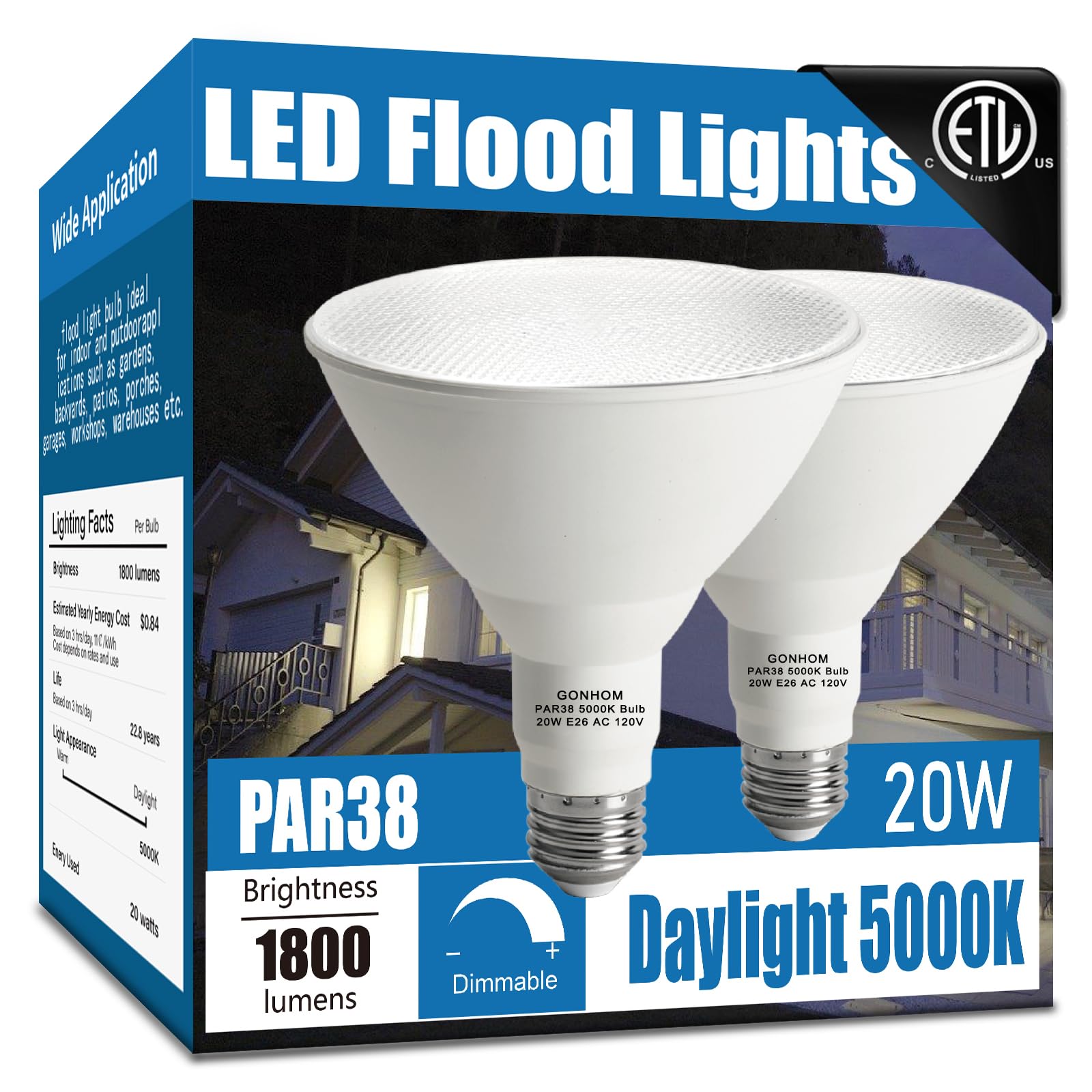 Gonhom Par38 led Flood Lights Outdoor Light Bulb,Dimmable 1800LM,20W Replace up to 200W,Outdoor Flood Light Bulbs for Backyard,Garage,Porch,Garden,2 Pack 5000K Daylight
