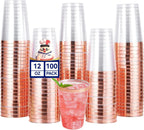 JOLLY CHEF 12 oz Rose Gold Plastic Cups Tumblers 100 Pack Disposable Clear