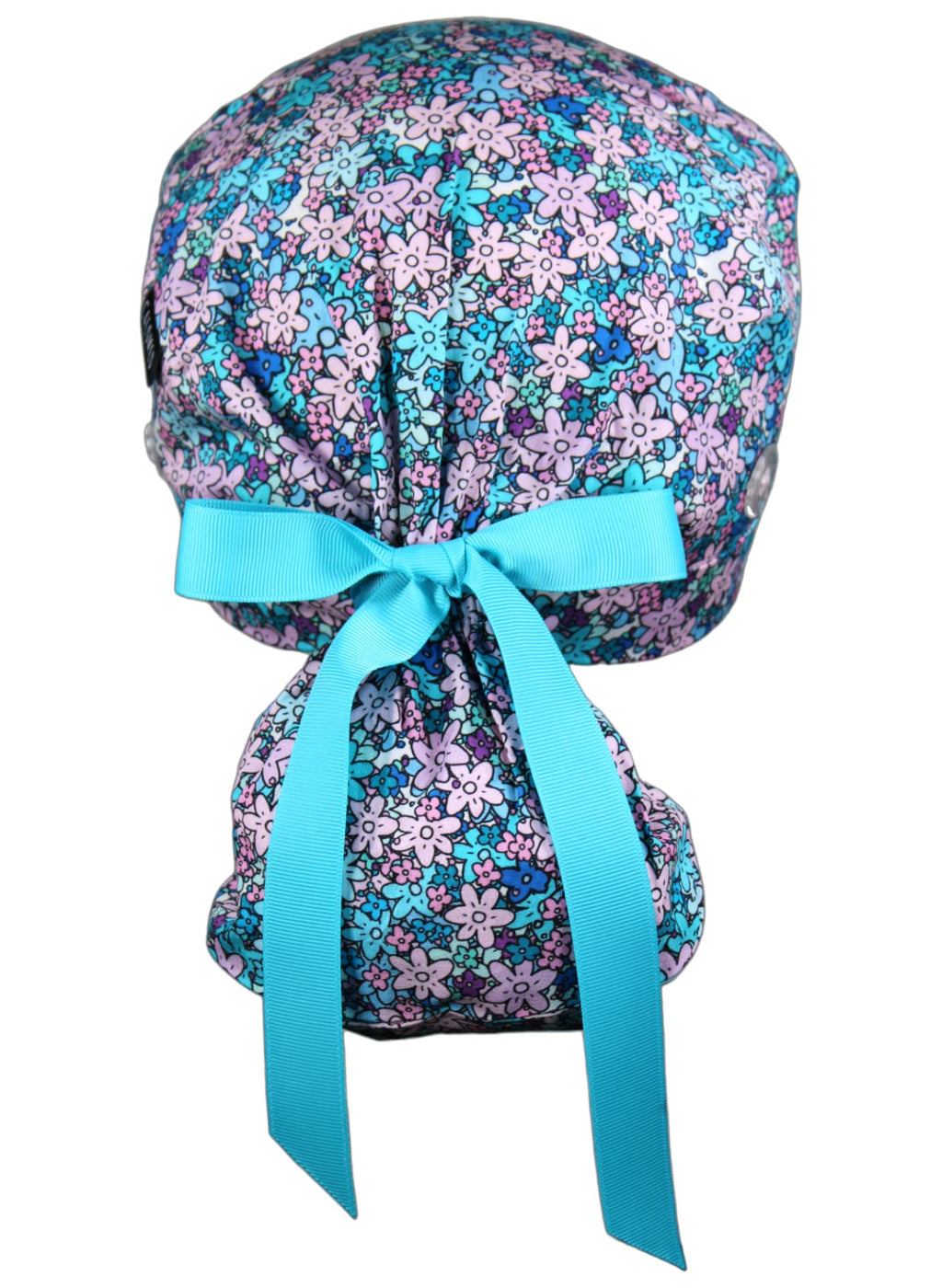 CALOMED Scrub Cap for Women and Men, Ponytail Scrub Caps, Working Hat, Head Cover with Ribbon Ties and Buttons, Long Hair (Small Purple Flowers)