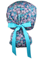 CALOMED Scrub Cap for Women and Men, Ponytail Scrub Caps, Working Hat, Head Cover with Ribbon Ties and Buttons, Long Hair (Small Purple Flowers)