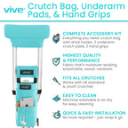 Vive Premium Crutch Pads, Bag, & Hand Grips (5 PCS) - Crutches for Adults Armpit Padding, Hand Grips, Accessories Pouch - Soft Tips Medical Padded Handles for Kids, Men, Women - Lightweight (Teal)
