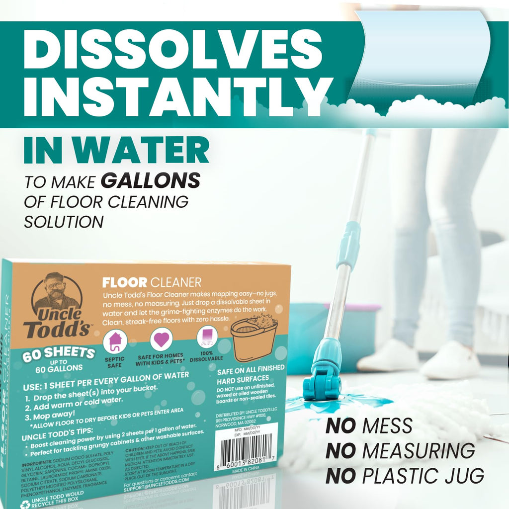 Uncle Todd's Ultra Concentrated Floor Cleaner For Mopping: 60 Natural, 100% Dissolvable Sheets for Mopping – Hardwood & Wood Floor Cleaner with Filth-Fighting Enzymes, Plastic-Free Packaging