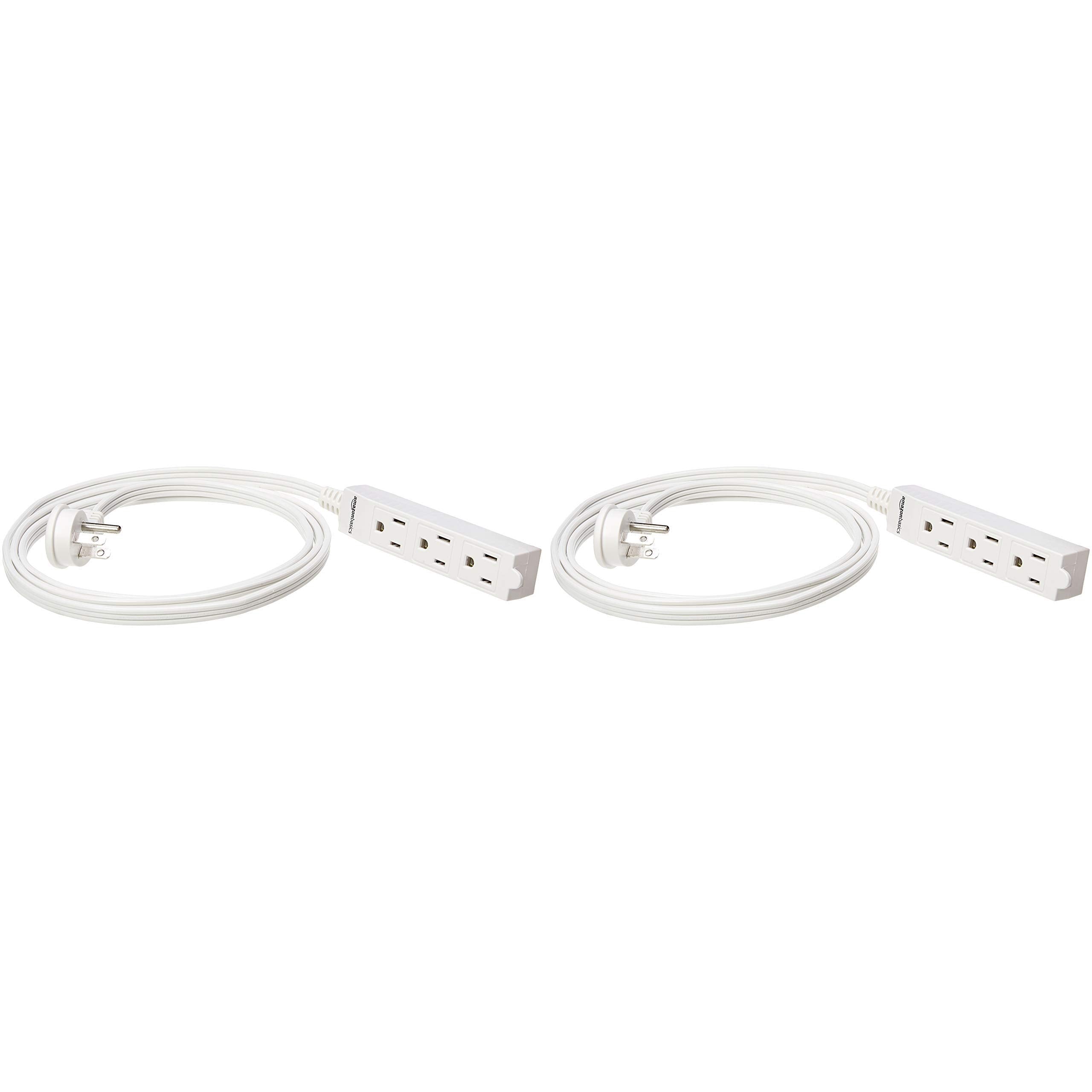 Amazon Basics 3-Prong Indoor Rectangle Extension Cord Power Strip, Flat Plug, Space-Saving, Grounded, 13 Amps, 1625 Watts, 125 VAC, 6 ft, White, 2-Pack