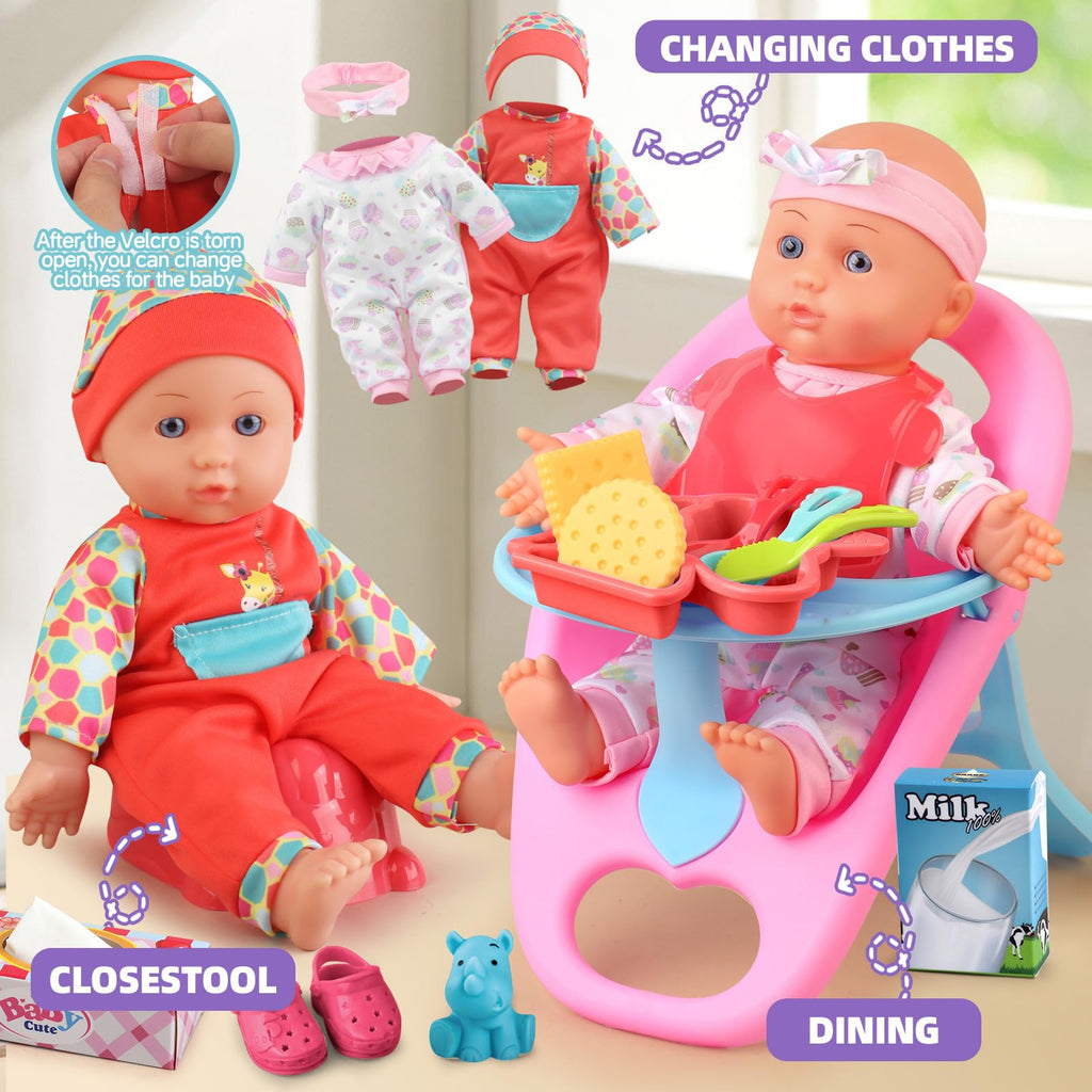 Baby Doll Stroller Set Toys for Girls Toddlers 3-5 4-6 Gifts,Baby Doll Set with 12.5 inch Doll,1 Baby Dining Chair,20 PCS Baby Doll Accessories and 2 Sets Doll Clothes for Realistic Pretend Play