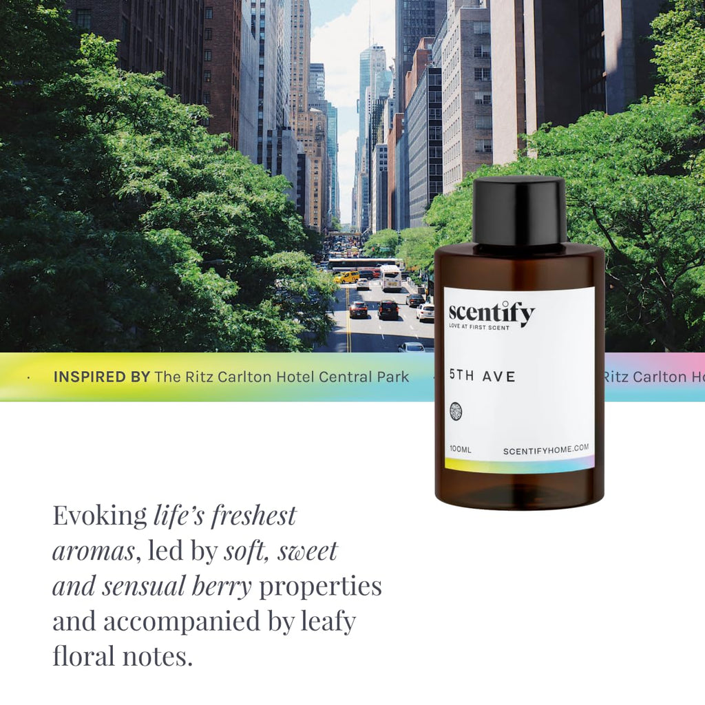 Scentify 5th Ave Aroma Oil Refill Scent for Oil Diffusers - Bergamot, Floral, Gardenia Scents - Luxurious Relaxing Aromatherapy Diffuser Fragrance 100ml, 3.38 oz