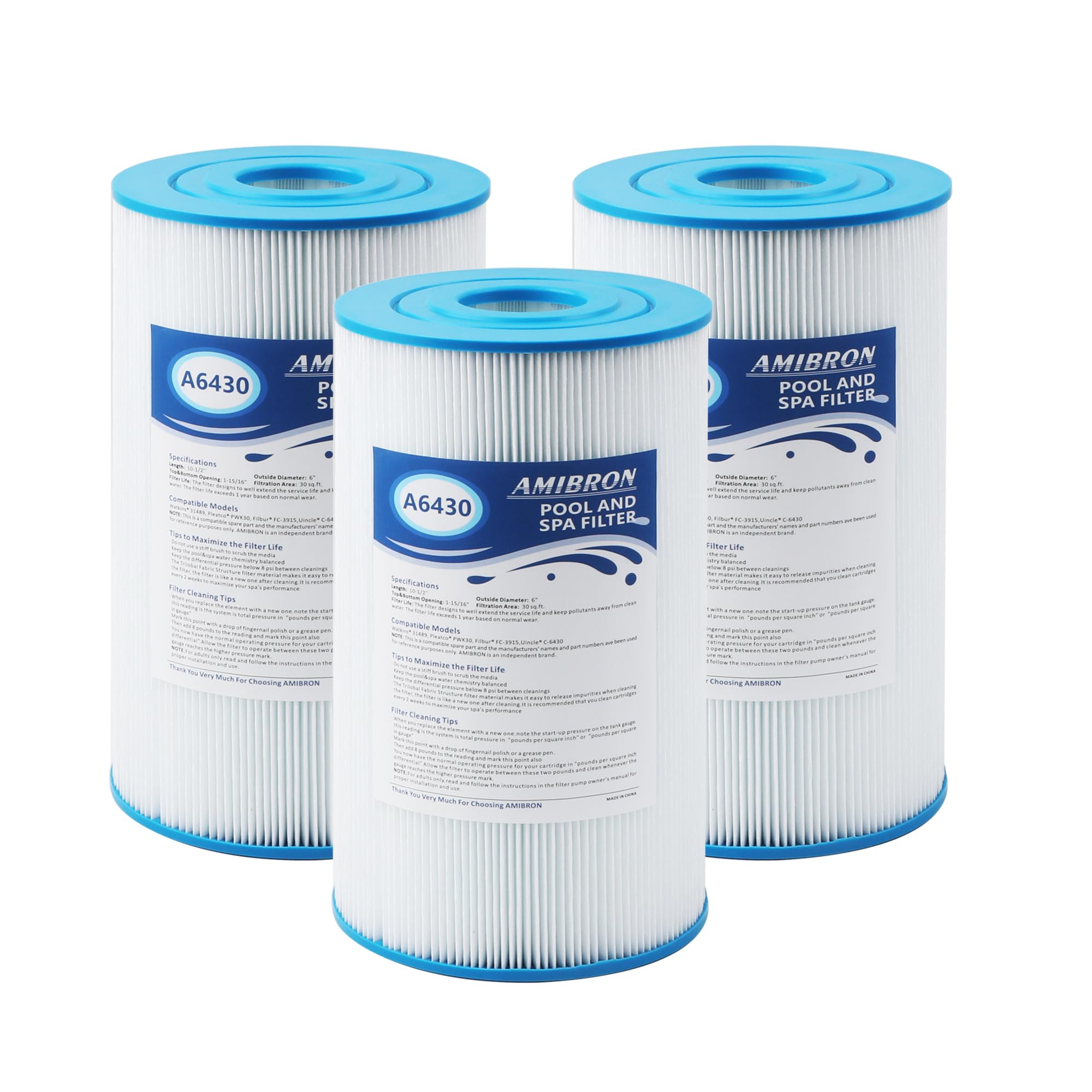 AmiBron PWK30 Hot Springs Spa Filters, Compatible for Watkins 31489, Unicel C-6430, Filbur FC-3915, P/N0969601,73178, 73250, 71825, 30 sq.ft.Hot Tub Filter 3 Pack