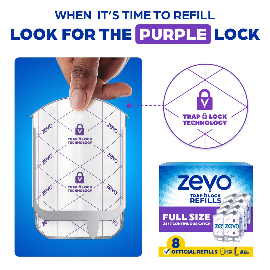 Zevo Flying Insect Trap Official Refill Cartridges - Fits Zevo Trap and MAX Indoor Fly Trap, Trap+Lock Technology Fly Trap Refill for Gnats, House Flies & Fruit Flies (8 Official Refill Cartridges)