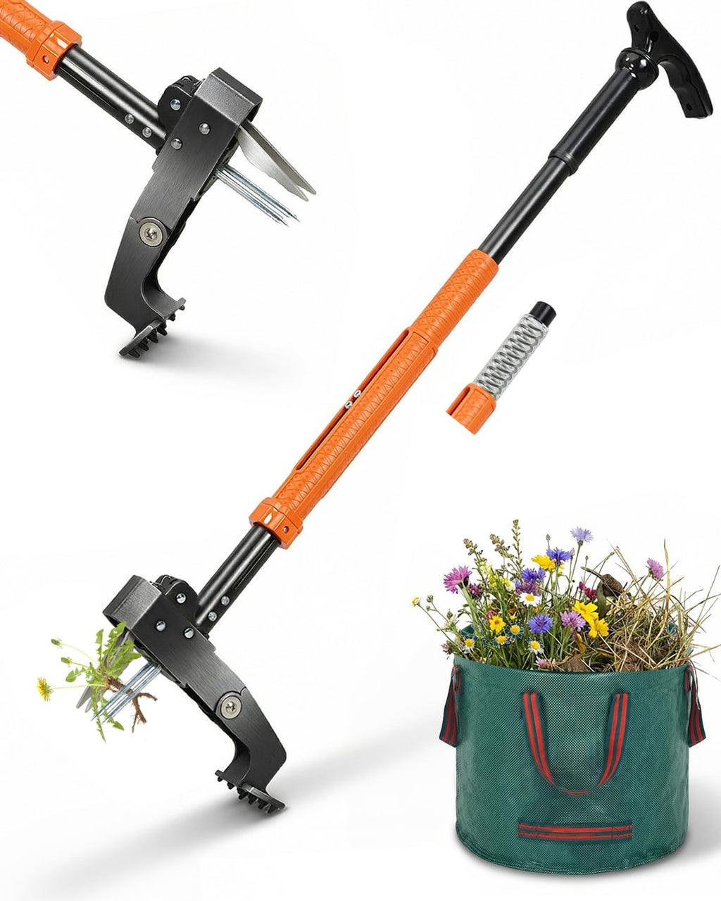 HAUSPROFI Stand Up Weed Puller Tool with 36-46 Inch Adjustable Long Handle and 50L Garden Bag, Heavy Duty 4-Claw Stainless Steel Weed Remover Tool with Automatic Rebound Design for Deep Roots
