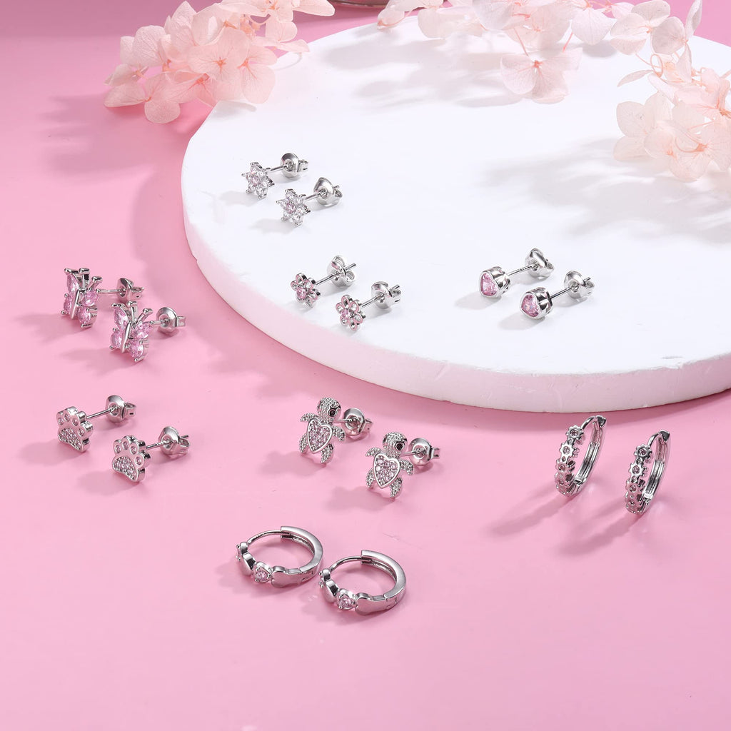 HAIAISO 8 Pairs 925 Sterling Silver Post Stud Earrings Set Hypoallergenic Pink Heart Cz Earrings Cute Butterfly Flower Dog Paw Turtle Stud Earrings Hoops Earrings For Women (Pink) Over 3 Years Old