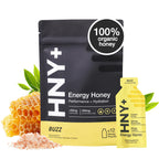 HNY+ Buzz Organic Honey Energy Gel with Electrolytes, Magnesium, Sea Salt, Potassium & Green Tea Caffeine, Workout Gels for Gym, Running & Hiking, Gluten Free, 50mg Caffeine, 12 Pack