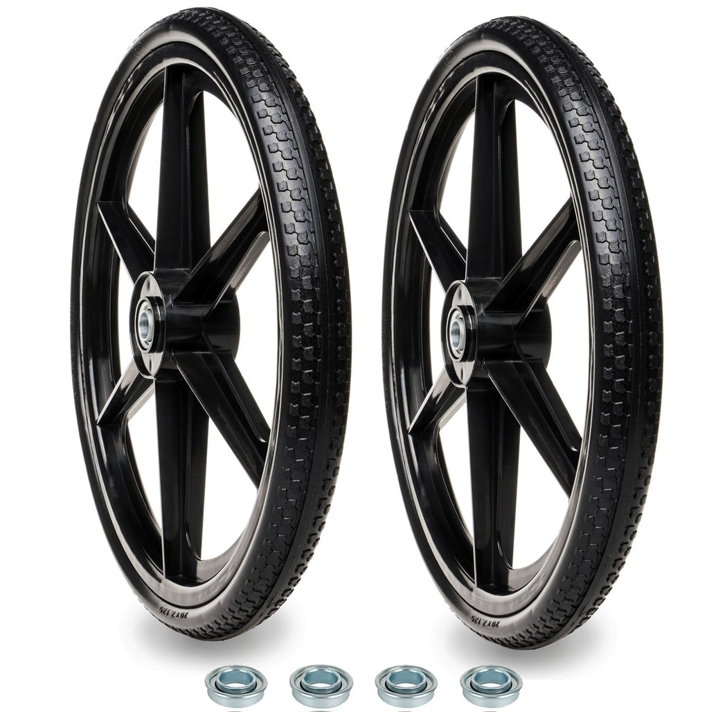 BAIVE BW 20" Flat Free Wheelbarrow Tires with 4Pcs 5/8" Bearing, Pu Flat Free Wheels Compatible with 2.44" Centered Hub for rubber-maid Garden Carts, Garden Trailers, Roofing Equipment