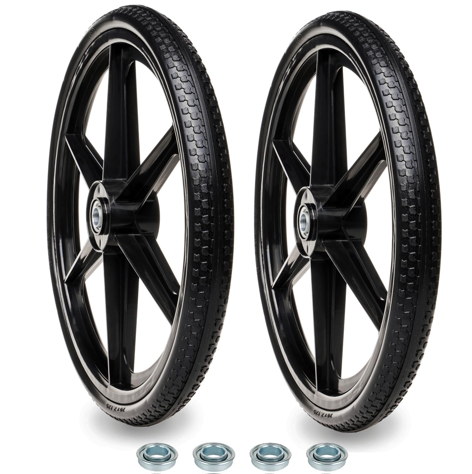 BAIVE BW 20" Flat Free Wheelbarrow Tires with 4Pcs 5/8" Bearing, Pu Flat Free Wheels Compatible with 2.44" Centered Hub for rubber-maid Garden Carts, Garden Trailers, Roofing Equipment