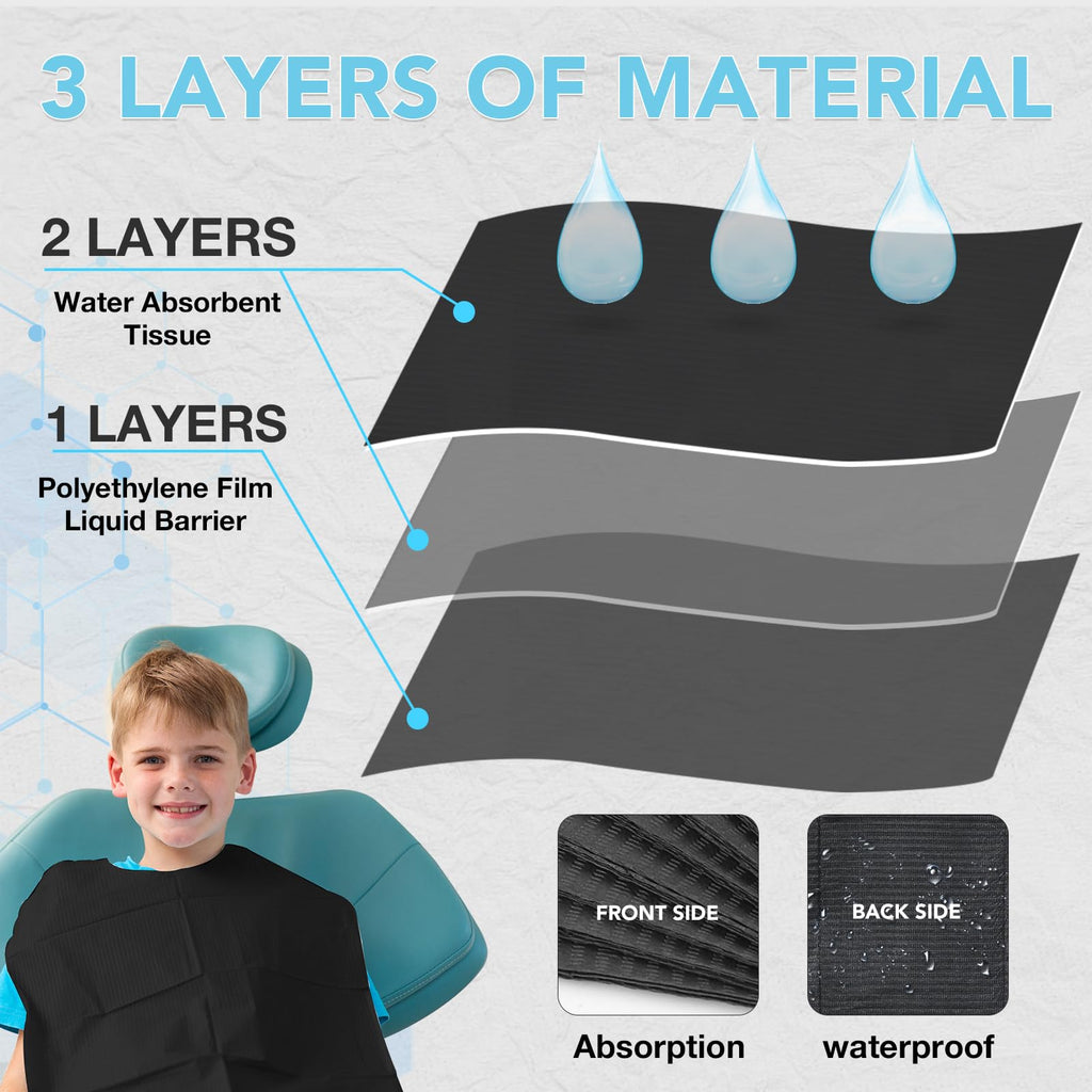 550 Pack Disposable Dental Bibs 13"x18", 3-Ply Waterproof Tattoo Bibs Sheet for Nail Salon, Dental Clinic, Feeding, Tattoo Shop (Black)