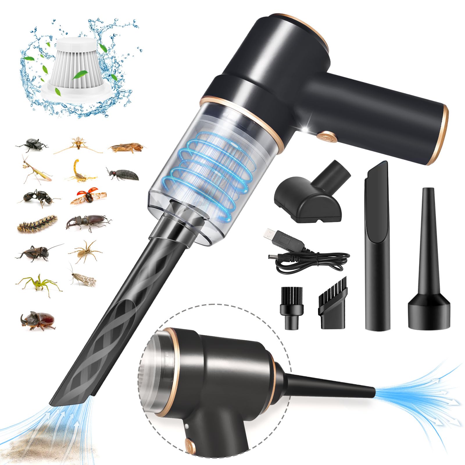 Bug Vacuum Catcher, Spider and Insect Catcher Traps, Rechargeable Bug Catcher Grabber with Brush Head & Charging Cable & Multifunctional Suction Nozzle for Stink Bug Moth Cockroach Spider Ant Black