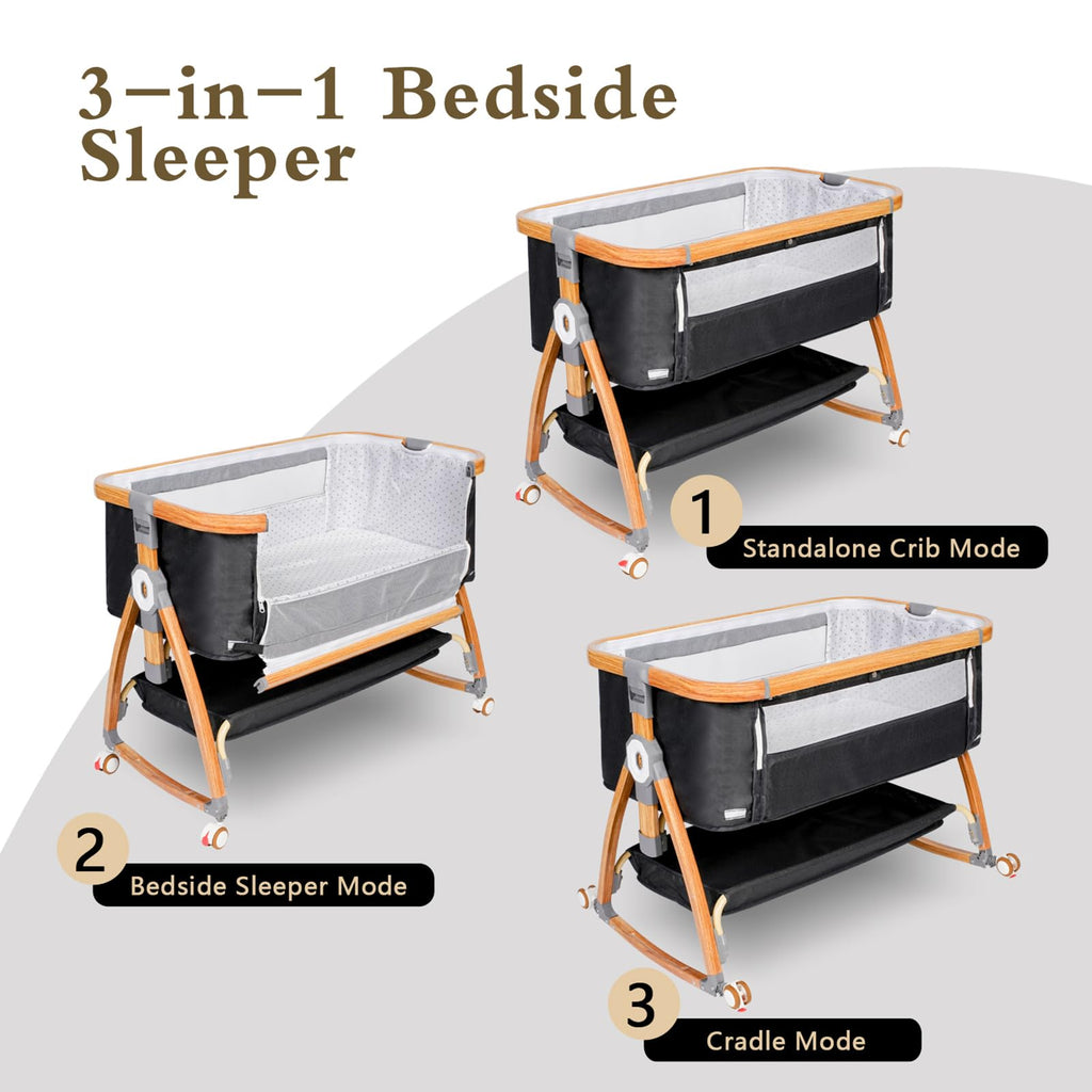 Komcot High Chair, Bedside Bassinet for Baby, 6 Height Adjustable Baby Bed, 3 in 1 Bassinet Bedside Sleeper with Wheels, Mosquito Net, Portable Bedside Crib for Infant/Baby/Newborn