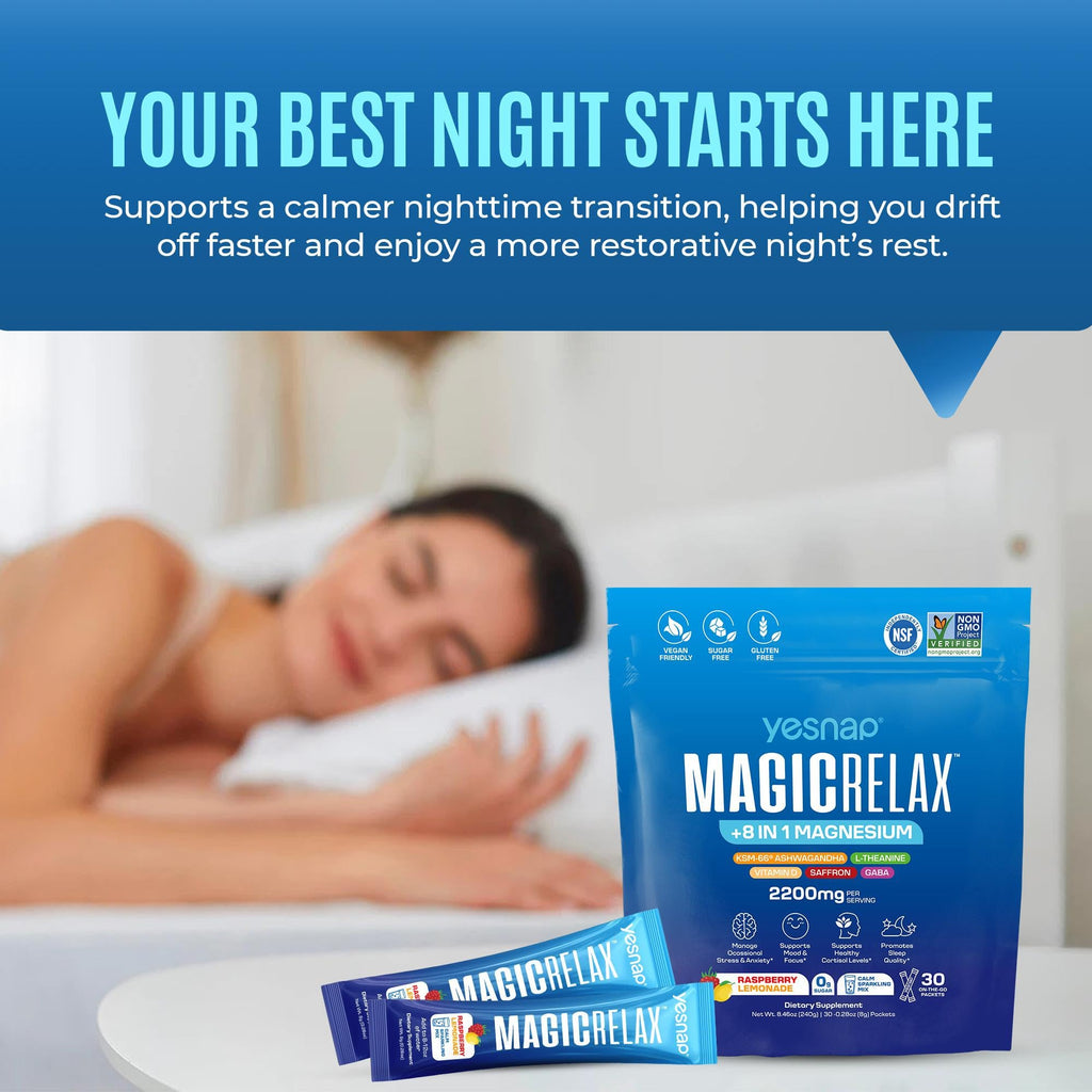 Yesnap MAGICRELAX Calming Sparking Mix 8-in-1 Magnesium KSM-66 Ashwagandha Saffron Vitamin D3 GABA L-Theanine Supports Healthy Cortisol Levels,Mood and Sleep No Sugar Non GMO Raspberry Lemonade Flavor