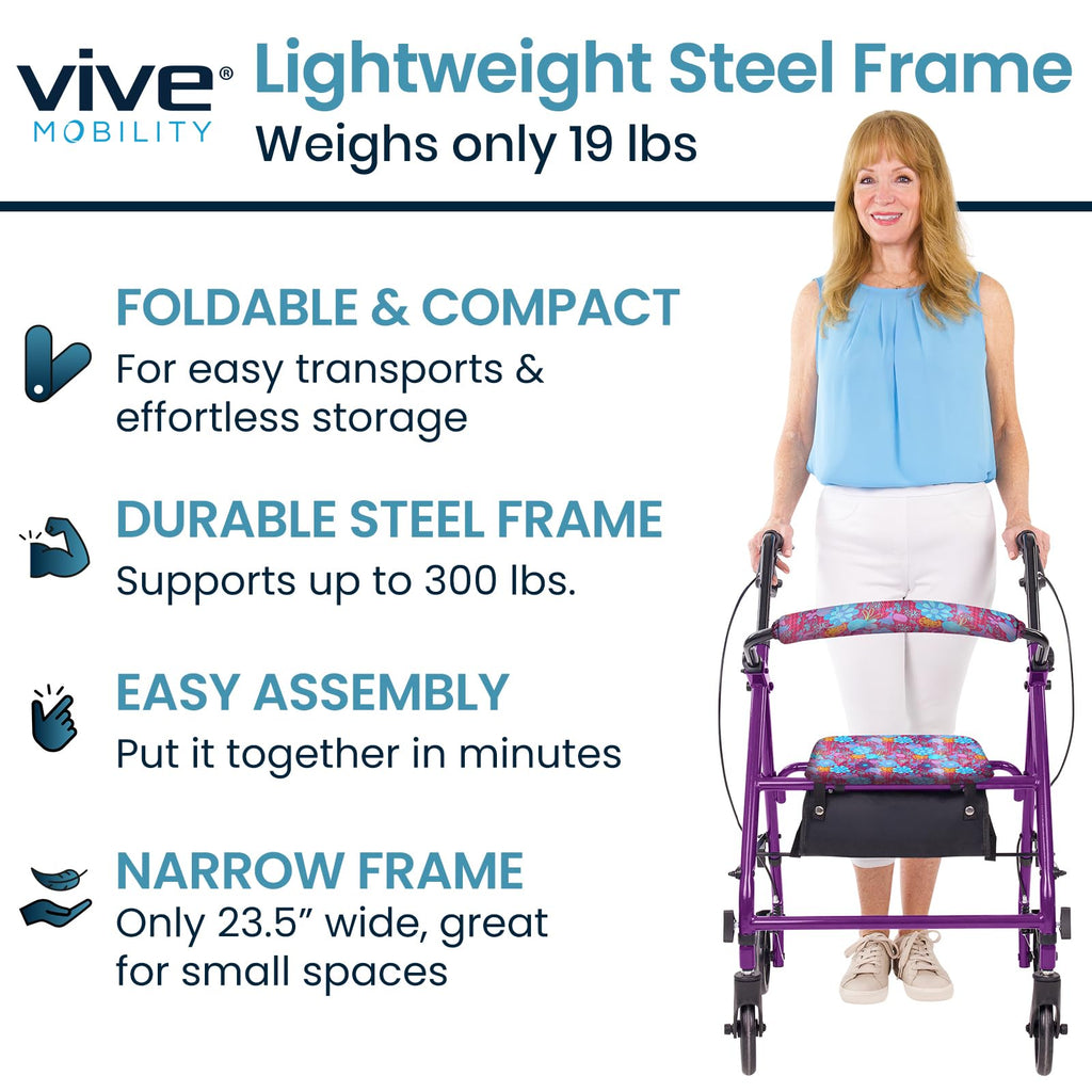 Vive Mobility Steel Rollator Walker with Seat - Foldable, Narrow, Rolling Senior Walker for Small Spaces - 4 Wheel Lightweight Adult Easy Drive with Underseat Storage, Adjustable Height (Black)