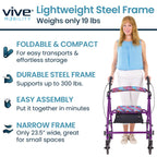 Vive Mobility Steel Rollator Walker with Seat - Foldable, Narrow, Rolling Senior Walker for Small Spaces - 4 Wheel Lightweight Adult Easy Drive with Underseat Storage, Adjustable Height (Black)