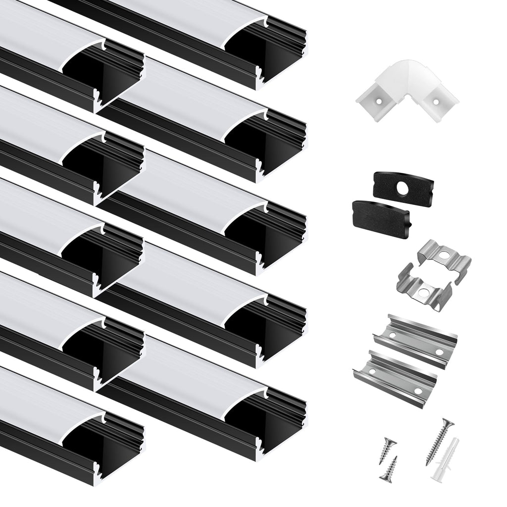 hunhun 10-Pack 6.6ft/2Meter U Shape Black LED Aluminum Channel System with Milky Cover, End Caps and Mounting Clips, Aluminum Channel Profile for LED Strip Light Diffuser Installations (10pack*6.6ft)