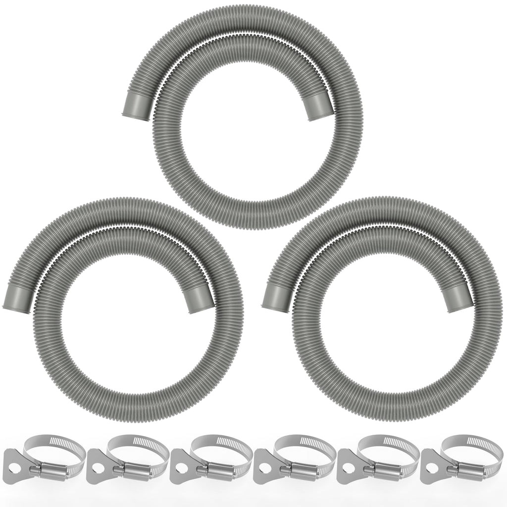 Poolvio 1.5" x 59" Above Ground Pool Hoses, 3-Pack, Gray- Heavy Duty UV Resistant Leak-Proof Replacement Hoses with 6 Metal Thumb Clamps, Perfectly Fits Intex Filter Pumps & Pool Surface Skimmers