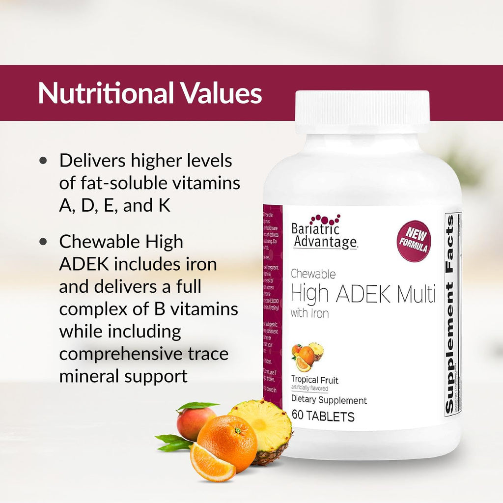 Bariatric Advantage Chewable High ADEK with Iron - for Bariatric Patients - High Potency Vitamin A, D, E & K - Includes B-Vitamins - Chewable Multivitamins - Tropical Fruit - 60 Count