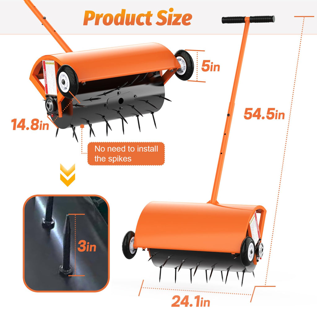 Hubiiett 24 Inch Rolling Lawn Aerator, Heavy Duty Manual Aerator Tool, Up to 70 lbs, Push Spike Aeration Tool with 42 Spikes, Suitable for Lawns, Garden, and Yard Grass Aeration [Orange]