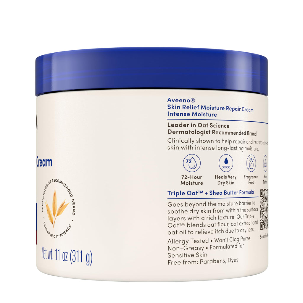 Aveeno Skin Relief Intense Moisture Repair Body Cream with Triple Oat & Shea Butter Formula, Helps Heal, Repair & Restore Very Dry Skin with Long-Lasting Moisture, Fragrance-Free, 11 oz