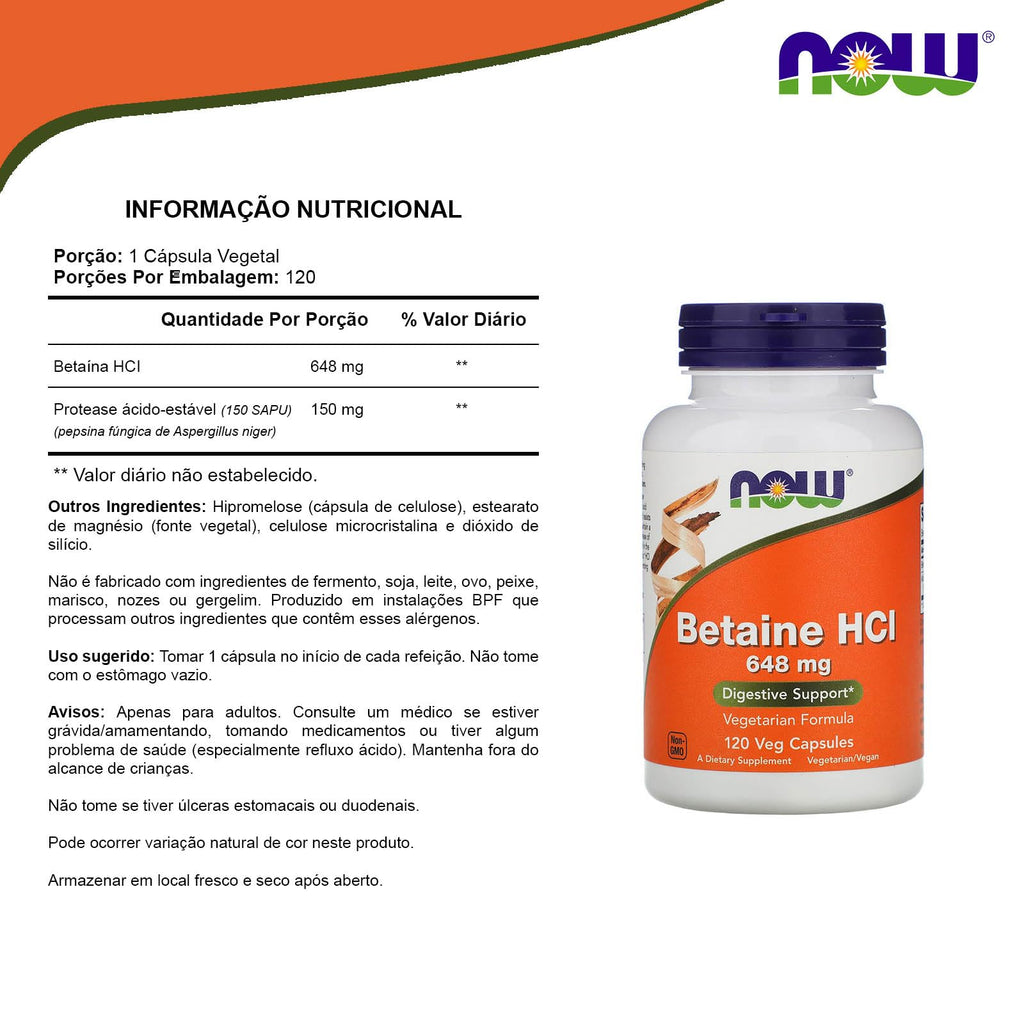Now Foods Betaine HCl, 648 mg with 150 mg of Pepsin, 120 Capsules, 2 Pack
