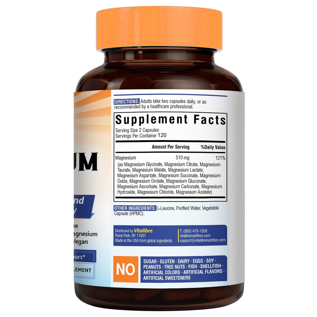 Vitalibre 15 in 1 Magnesium Complex Supplement 510mg | Maximum Absorption Glycinate, Malate, Taurate, Citrate and More for Bones, Heart, Recovery, Energy | Non-GMO, 240 Capsules