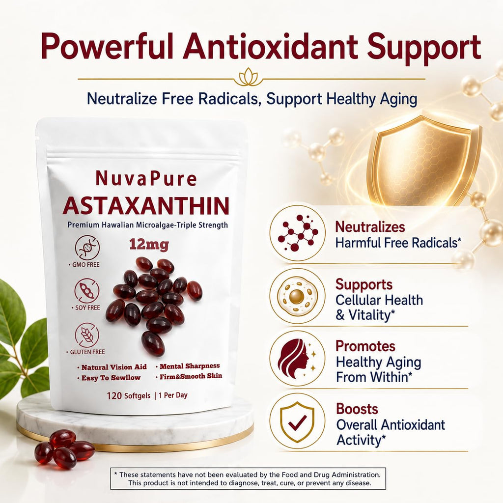 glowdrop NuvaPure Astaxanthin with MCT Oil, 12mg Per Serving, Astaxanthin from Microalgae, Antioxidant Supplement for Daily Wellness, 120 Softgels