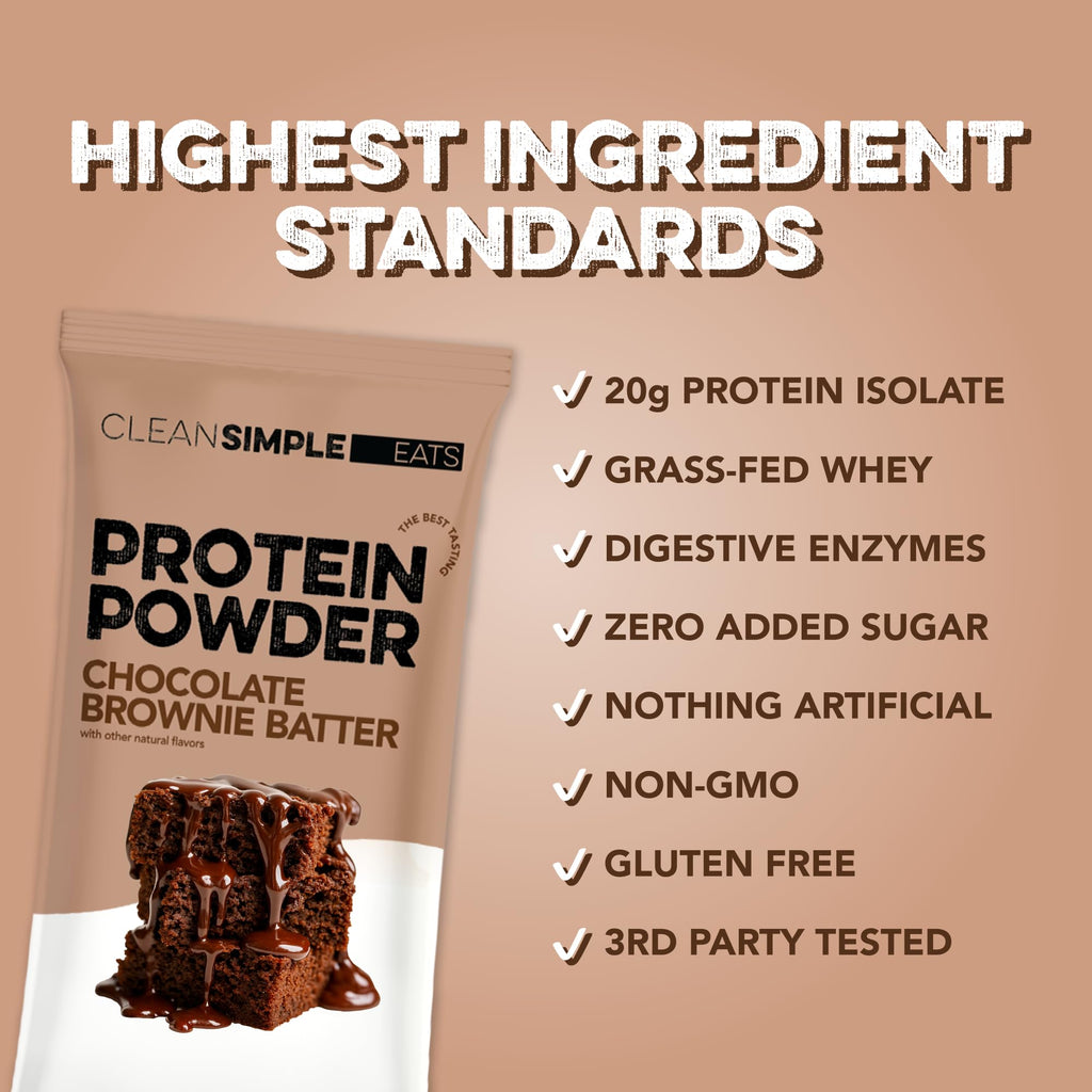 Clean Simple Eats Whey Isolate Protein Powder, Brownie Batter, Naturally Sweetened, Zero Added Sugar, 20g 100% Grass Fed Protein Powder with Digestive Enzymes, Gluten Free, Non GMO, 10 Stick Packs