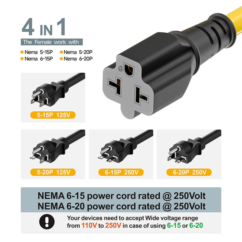 [15-Feet] NEMA 5-15P to 5-15R/ 5-20R/ 6-15R/ 6-20R AC Adapter, Plugrand 12AWG 15 Amp Household AC Plug to 20 Amp T Blade Adapter Cable, 15A 125V to 20A 250V Extension Cable, 15FT