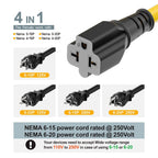 [15-Feet] NEMA 5-15P to 5-15R/ 5-20R/ 6-15R/ 6-20R AC Adapter, Plugrand 12AWG 15 Amp Household AC Plug to 20 Amp T Blade Adapter Cable, 15A 125V to 20A 250V Extension Cable, 15FT