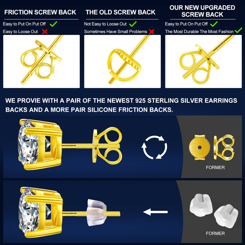 Moissanite Stud Earrings Screw Back 0.2CT 3MM*2 18K Yellow Gold Plated S925 Sterling Silver Round Cut D Color VVS1 Clarity Lab Created Moissanite Earrings for Women Men
